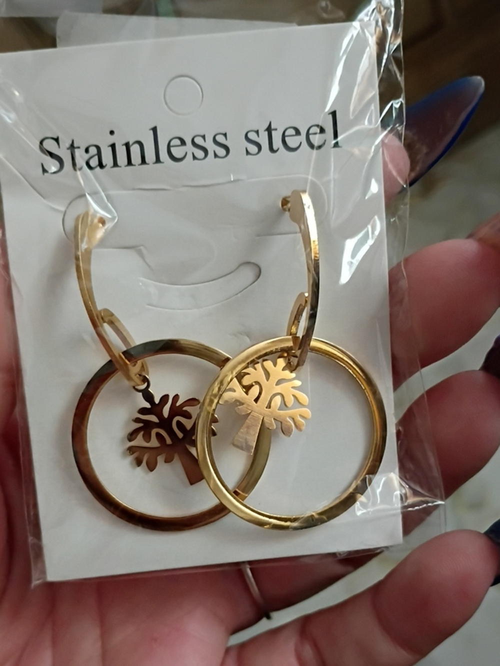 Gold Stainless Steel Tree Charm Hoop Earrings